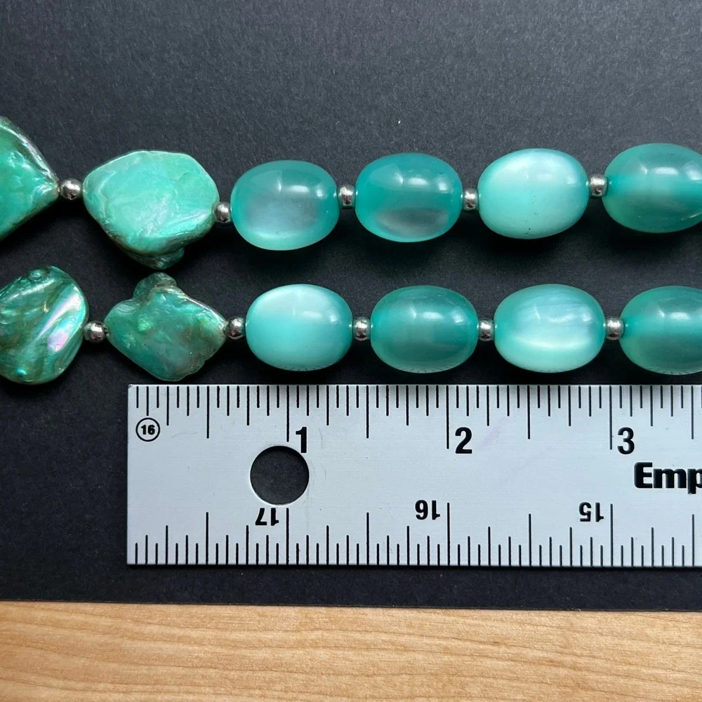 Multi Strand Beaded Necklace Green Shell Aqua Lucite Moonglow 20.5